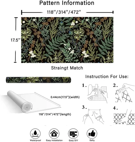 Miniatura 3 de Papel tapiz floral bohemio de 17.5 x 118 pulgadas, para despegar y pegar, papel de pared de hojas verde oscuro, papel de contacto autoadhesivo