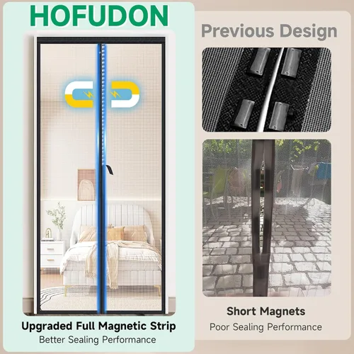 Miniatura 5 de HOFUDON Puerta mosquitera magnética mejorada, malla de fibra de vidrio resistente, imanes de tira completa de cierre rápido, cierre magnético