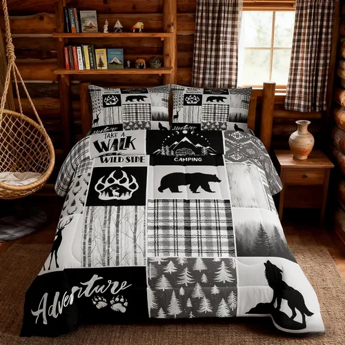 Miniatura 175 de Juego de edredón de cuernos de ciervo tamaño individual, juego de ropa de cama rústica de granja con huellas de oso y pinos para decoración