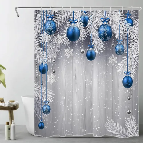 HVEST Christmas Ball Shower Curtain, Blue Christmas Ball with Silver Pine Tree on Grey Board Bathroom Shower Curtain with Hooks, Snow Snowflake