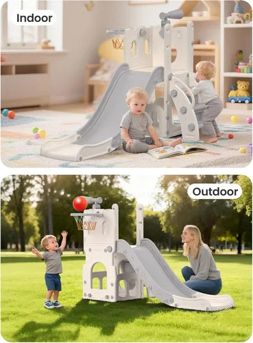 Miniatura 7 de Juego de Tobogán para Niños con Aro de Baloncesto y Telescopio, Tobogán Interior y Exterior para Niños Pequeños y Escalador para Niños y Niñas, Gris
