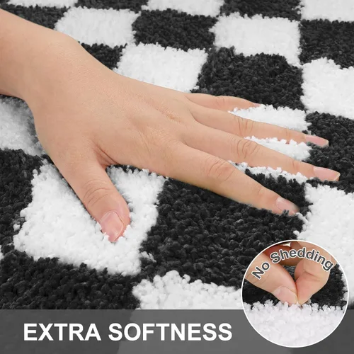 Miniatura 2 de Alfombras redondas a cuadros para baño, lavables a máquina, negras y blancas de 2 pies, alfombrilla de baño antideslizante y absorbente, alfombra