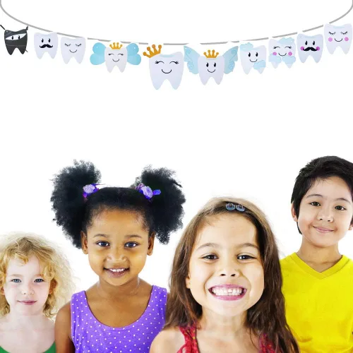 Miniatura 5 de Aduck Guirnalda de fiesta de primer diente, 10 recortes únicos de personajes dentales, decoraciones temáticas de hadas de dientes para niños
