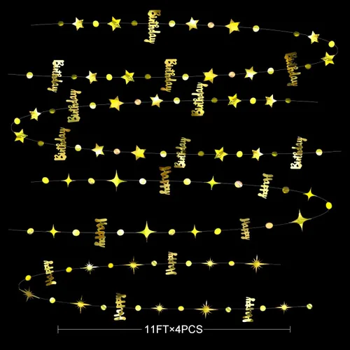 Miniatura 2 de Decoraciones doradas de feliz cumpleaños con diseño de círculos de feliz cumpleaños, guirnalda de estrellas centelleantes metálicas, para colgar