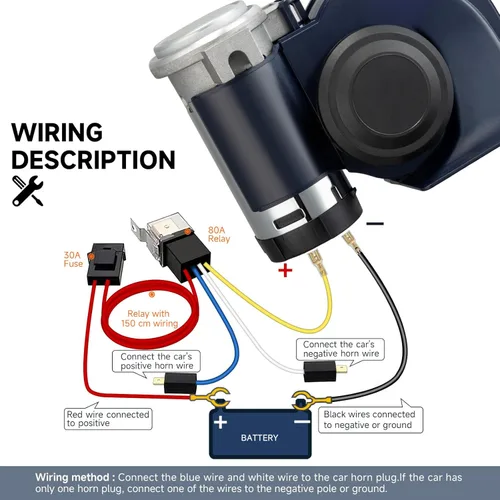 Miniatura 9 de Cuerno de tren para camión, bocinas de coche de 12 V 150 dB súper fuertes con arnés de cableado, cuerno de aire de caracol con compresor eléctrico