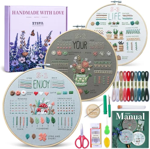Miniatura 12 de ETSPIL Kit de bordado para principiantes para adolescentes y adultos - Paquete de 3, 19 puntadas, patrones pre-estampados, imán para agujas, aro