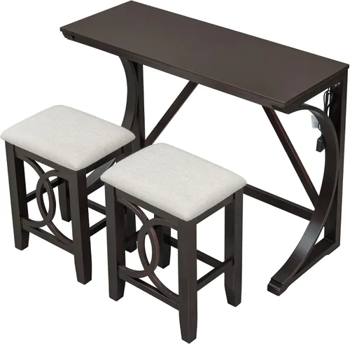 Miniatura 2 de Juego de mesa de comedor para 2, juego de mesa de comedor de 3 piezas de altura de mostrador con puerto USB y taburetes tapizados, color espresso