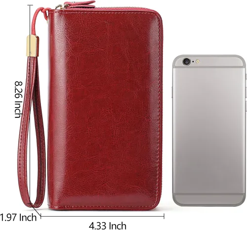 Miniatura 5 de SENDEFN Carteras de cuero para mujer, bloqueo RFID, doble cremallera alrededor del tarjetero de crédito, gran capacidad, 1-cera-vino tinto, Moderno