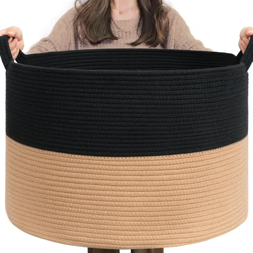 INDRESSME Cesta de Cuerda de Algodón XXXLarge Tejida para Bebé Cesta de Ropa Sucia Cestas de Mantas Cestas de Juguetes con Asa Edredones Cojines