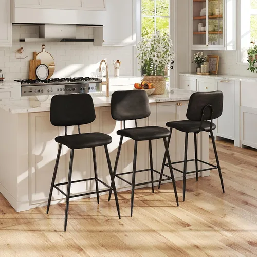 Juego de 3 taburetes de bar de altura de mostrador, sillas de isla de cocina modernas de piel sintética de 26 pulgadas con respaldo y patas de