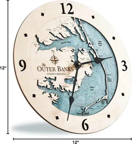 Miniatura 9 de Sea & Soul Outer Banks - Reloj de pared de 12 pulgadas, hecho a mano en los Estados Unidos, reloj topográfico de mapa de agua, reloj de pared