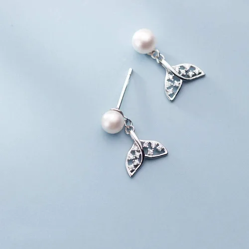 Miniatura 4 de Pendientes de tuerca de perlas de cola de sirena de plata de ley para mujeres y niñas con cristales de circonita cúbica delicada para bodas