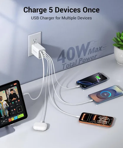 Miniatura 4 de Cargador retráctil de 40 W actualizado 2026, multipuerto esencial de viaje de 4 puertos, enchufe de bloque de cargador de pared PD 5 en 1+cables