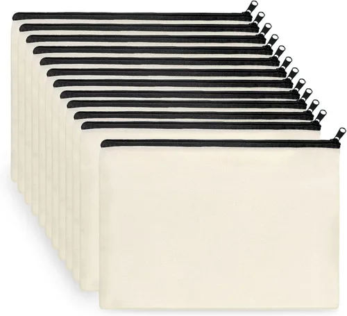 Miniatura 30 de Koolmox 20 bolsas de lona beige con cremallera negra, bolsa de artículos de tocador de lona de algodón, bolsas de cosméticos lisas a granel
