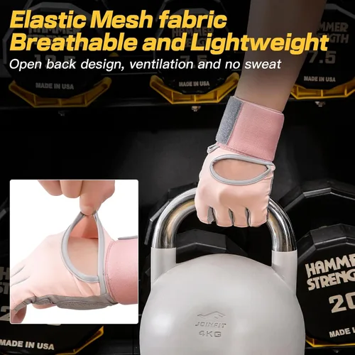Miniatura 2 de Guantes de levantamiento de pesas de grano de hierro, para hombres y mujeres, guantes de entrenamiento con soporte de muñeca para ejercicio, Rosa