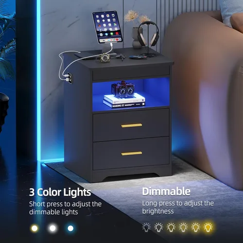 Miniatura 5 de Gurexl Juego de 2 mesitas de noche con estación de carga para dormitorio, mesa auxiliar con cajón secreto para armas, moderna mesa auxiliar LED