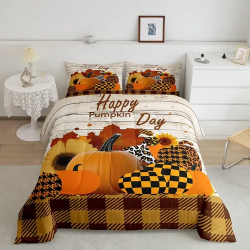 Miniatura 18 de Juego de edredón de calabaza de otoño tamaño individual para niños y niñas, juego de ropa de cama para niños, mujeres y hombres, ultra suave