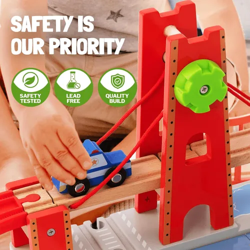 Miniatura 5 de Giant bean Juego de 117 piezas de tren Busy Port City para niños, juego de vías de tren de madera ampliables y cambiables, juguete grande de Navidad