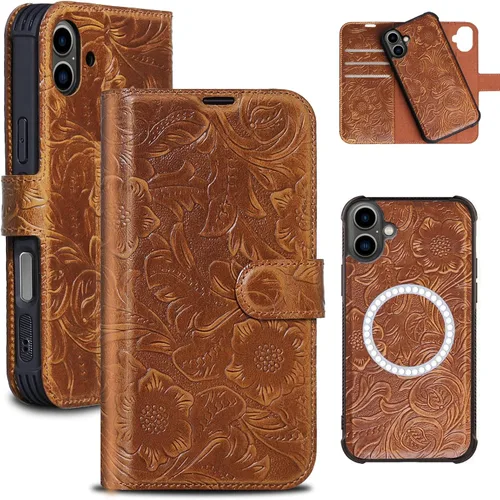 Miniatura 28 de Funda de cuero compatible con iPhone 16 Pro Max Cartera 6.9", cuero genuino 2 en 1, magnética, desmontable, a prueba de golpes, funda tipo folio