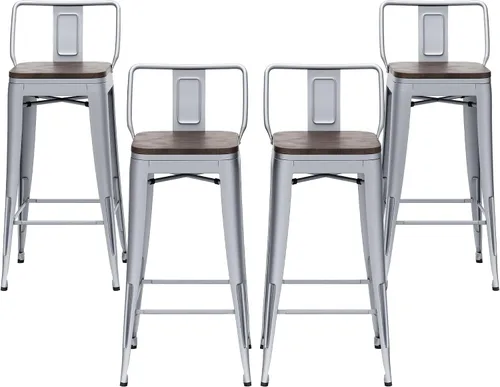 Miniatura 12 de HAOBO Home Taburetes de bar industriales de metal, taburetes de bar con respaldo bajo con asiento de madera [juego de 4] sillas de comedor de 18