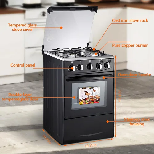 Miniatura 2 de Estufa de gas GLP (propano) de 20 pulgadas, parrilla de 4 quemadores con horno de 62L, acero inoxidable 201, tapa de vidrio negro, encendido