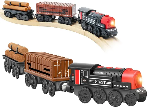 Tren motorizado para pista de madera, juego de 3 piezas de tren de juguete para niños y niñas de 3, 4, 5+ años, tren con batería compatible con