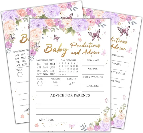 Miniatura 6 de Juegos de baby shower para niñas, juego de bingo de mariposa púrpura para baby shower, decoraciones florales moradas para fiestas de revelación
