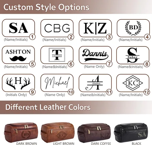 Miniatura 8 de Neceser de Cuero Personalizado para Hombres, Kit de Viaje Dopp Grabado Personalizado, Regalo de Iniciales de Nombre Personalizado para Padrinos