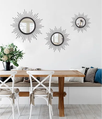 Miniatura 6 de Espejo de pared Sunburst negro con pequeños radios, espejo bohemio para el hogar, redondo, moderno, arte de pared de metal para sala de estar