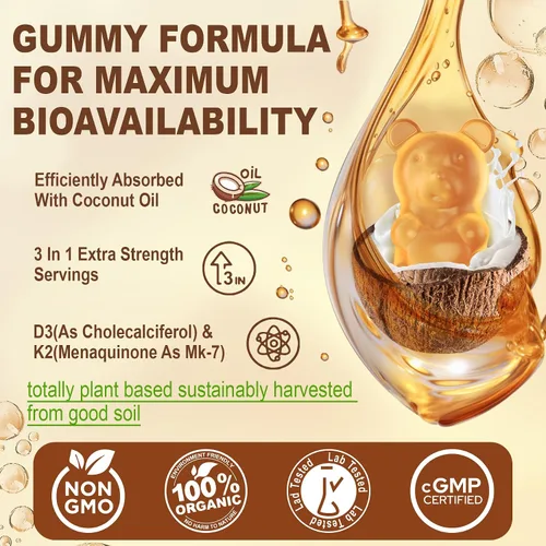 Miniatura 6 de Gomitas de oso de vitamina D3 K2 – Vitamina D3 5000iu y vitamina K2 de 200 mcg + calcio 600 mg para adultos y apto para GLP-1, aceite de coco