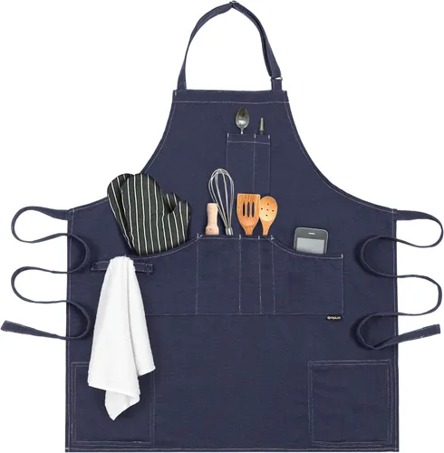 opux Delantal de chef para hombres, delantal de cocina con bolsillos para mujer, delantal grande de lona unisex para cocinar, asar a la parrilla,
