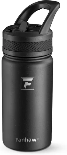 Fanhaw Botella de agua aislada para niños de 14 onzas con tapa de pajita – Acero inoxidable de doble pared al vacío, a prueba de fugas, botellas de