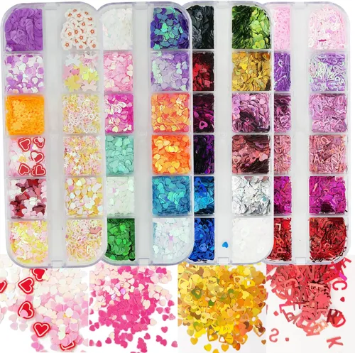 Miniatura 7 de AddFavor Kit de 4 cajas de lentejuelas con purpurina para uñas, formas mixtas, mariposa holográfica, flor, corazón redondo, copos de arte de uñas