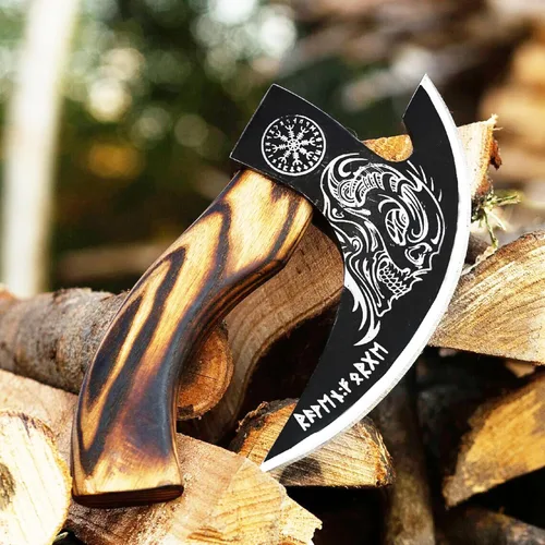 Miniatura 4 de SHINY CRAFTS® Hacha cortadora de pizza vikinga, hoja de acero al carbono con grabado y funda negra, auténtico regalo medieval para él, hacha Sca-027