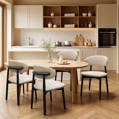 Miniatura 5 de Juego de 2 sillas de comedor de granja, modernas sillas de comedor de madera de mediados de siglo, sillas de comedor tapizadas de tela de granja