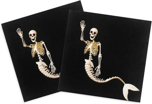 60 servilletas de Halloween – Servilletas de papel desechables de 6.5 x 6.5 pulgadas, servilletas negras de esqueleto de sirena para reuniones de