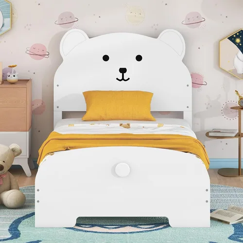 Miniatura 9 de Cama de plataforma de madera de tamaño individual con cabecero y estribo en forma de oso, sin ruido, para niños, adolescentes, niños y niñas,