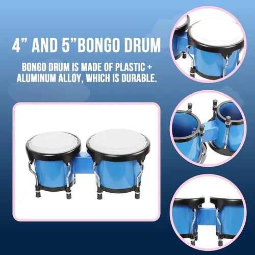 Miniatura 6 de Juego de Bongós Soulmate de 4'' y 5'' para Adultos Principiantes, Bongós de Piel Natural Afinables con Llave de Afinación (Azul)