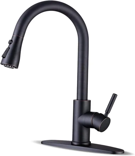 WEWE Grifos de cocina con pulverizador desplegable, grifo de cocina de estilo granja en bronce cepillado con aceite, comercial, moderno, de arco