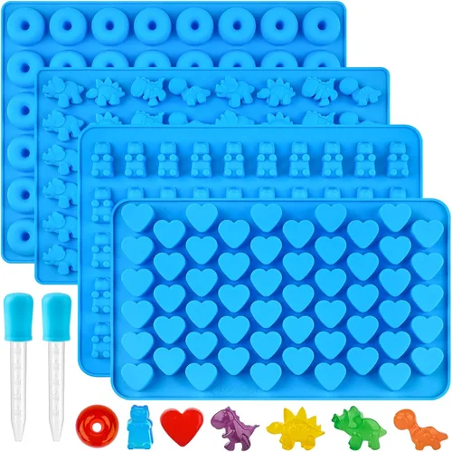 Puyeipt 4 moldes de silicona para gomitas, 201 cavidades, antiadherentes, tamaño mini, para osos de goma, dinosaurios, corazones y donas, con 2