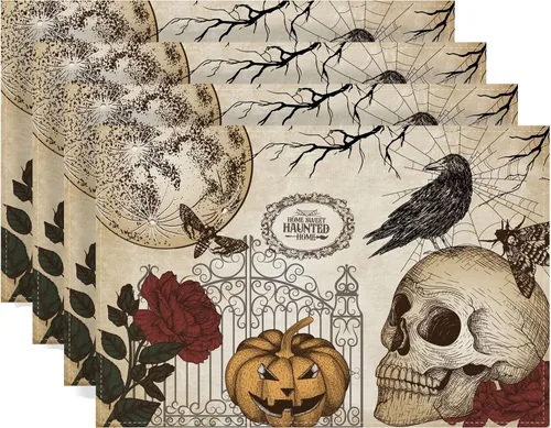 Miniatura 8 de Camino de mesa retro de Halloween, mantel gótico de calavera para Halloween, decoración de calavera y rosas, decoración de Halloween y suministros
