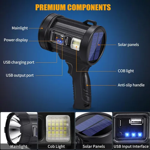 Miniatura 8 de Foco recargable, 99000 lúmenes, linterna LED brillante, reflector de luz de larga duración, focos de mano para exteriores con paneles solares