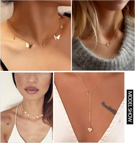 Miniatura 3 de Honsny 20 collares de gargantilla en capas para mujer colgante de barra de monedas de oro y plata collar multicapa lindo collar de perlas de luna