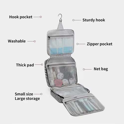Miniatura 3 de Lmbabter Bolsa de maquillaje colgante de viaje, bolsa de aseo impermeable, gran almacenamiento para viajes, baño, mujeres y hombres, Negro-blanco