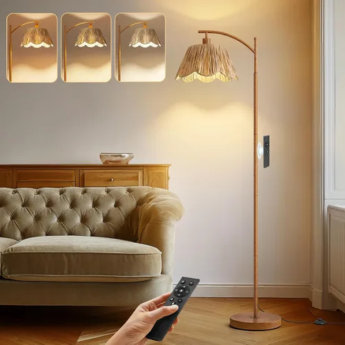 Miniatura 21 de Oneach Lámpara de pie arqueada para sala de estar, lámpara de pie de ratán boho con pantalla tejida a mano, interruptor a pedal, base y poste de Oro