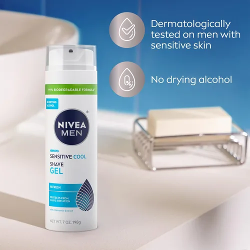 Miniatura 7 de NIVEA MEN Gel de afeitado sensible y fresco para pieles sensibles, gel de afeitar sin alcohol con extracto de manzanilla, lata de 7 onzas, paquete