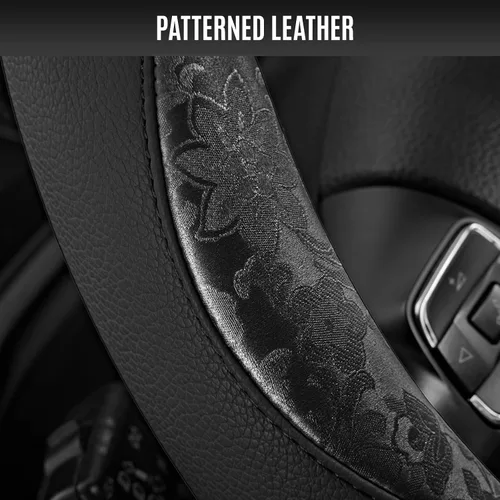 Miniatura 3 de PIC AUTO Funda para volante, diseño de retazos de cuero estampado negro, ajuste universal de 14.5 a 15.5 pulgadas, antideslizante, sin olor, piel