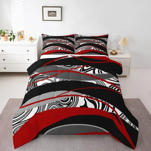 Miniatura 49 de Juego de edredón de rayas rojas y negras, juego de ropa de cama tamaño King con ondas circulares abstractas, geométrico, espiral, acolchado, 3 Multi