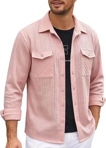 Miniatura 17 de Camisas con botones para hombre, casual, de manga larga, con cuello jacquard, texturizada, ligera, sobrecamisa, sobrecamisa