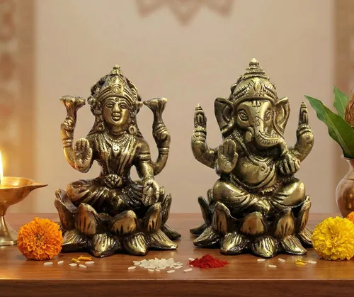 Miniatura 3 de eSplanade Set de ídolo Laxmi Ganesh de latón de 3" en loto